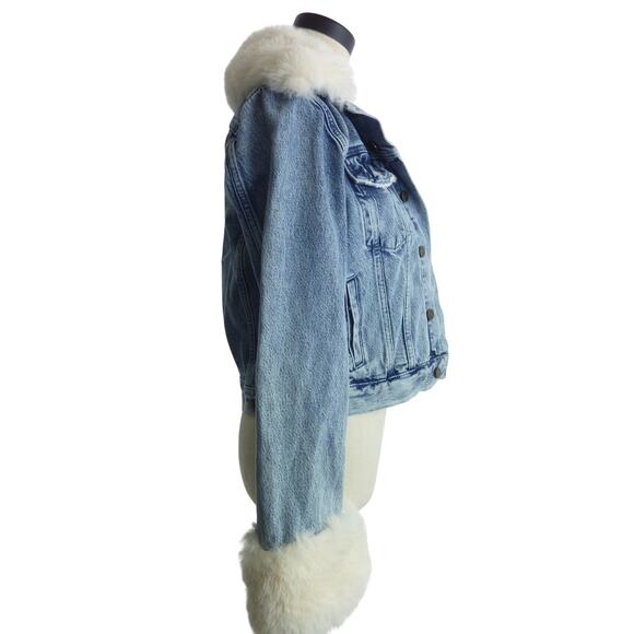 Reformation Aussie Denim Jean Jacket With Faux Fur Trim Sz Small - Picture 2 of 7